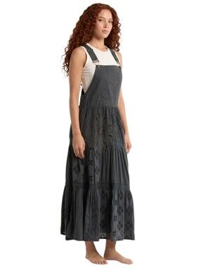Lucky Brand Overall Cutwork Maxi Dress Embroidered Tiered Lined Cotton S Raven